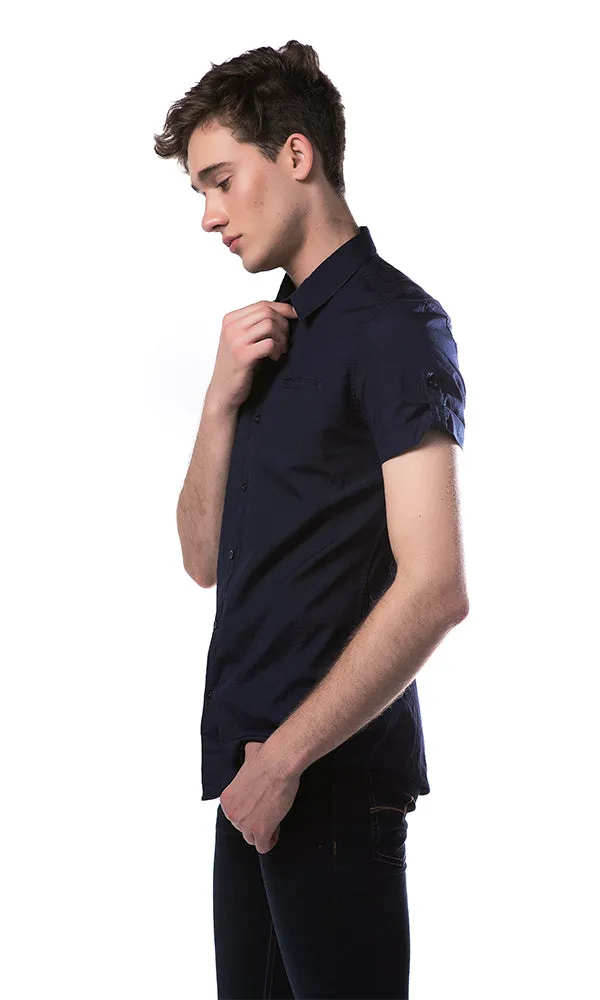 33892 Roll Up Sleeves Side Pocket Navy Blue Shirt