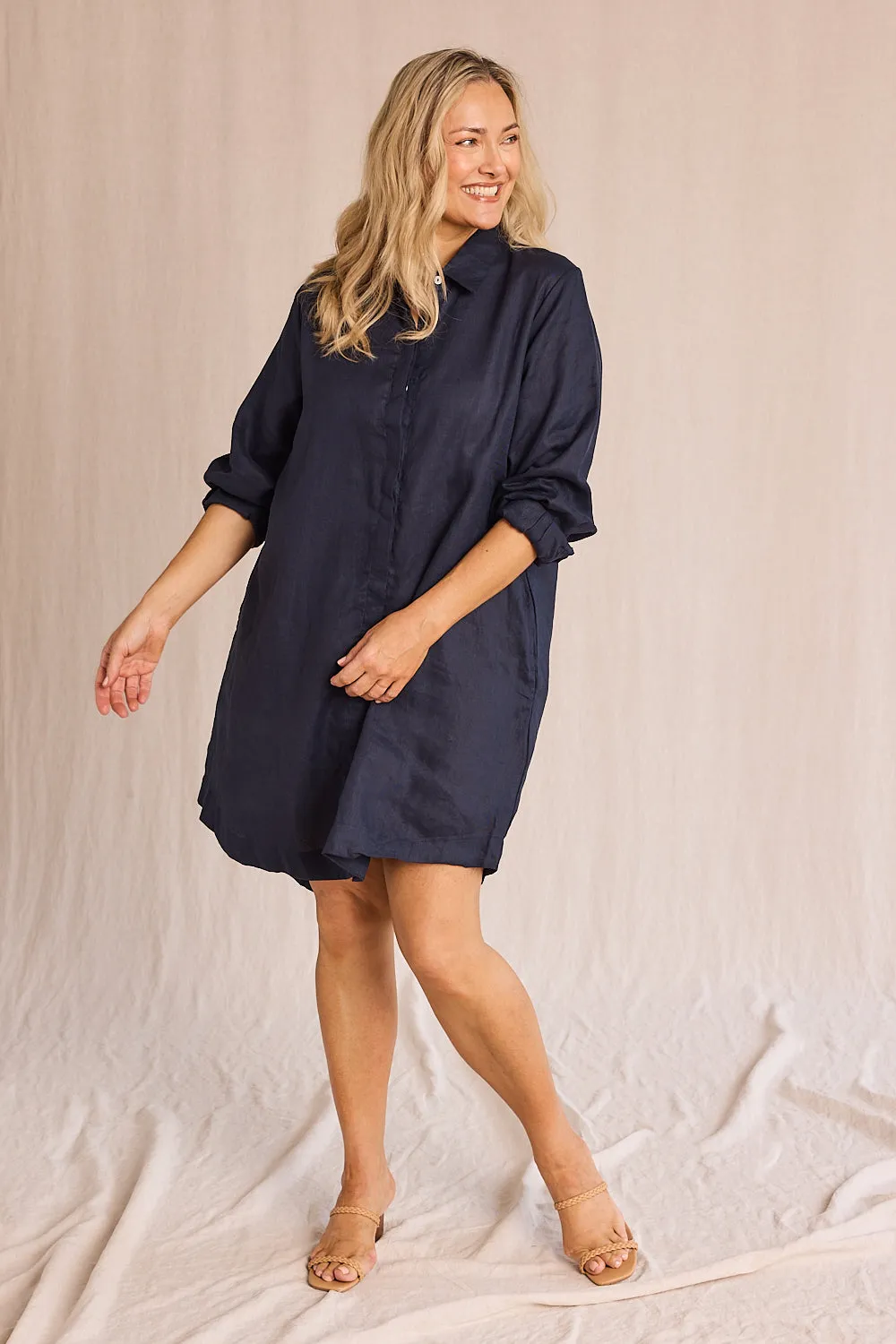 Anouk Linen Shirt Dress in Navy