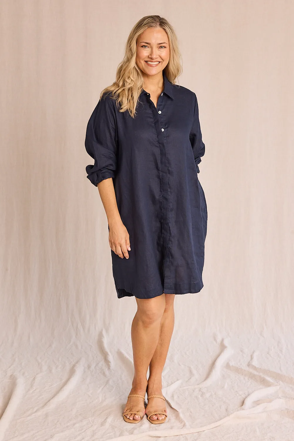 Anouk Linen Shirt Dress in Navy