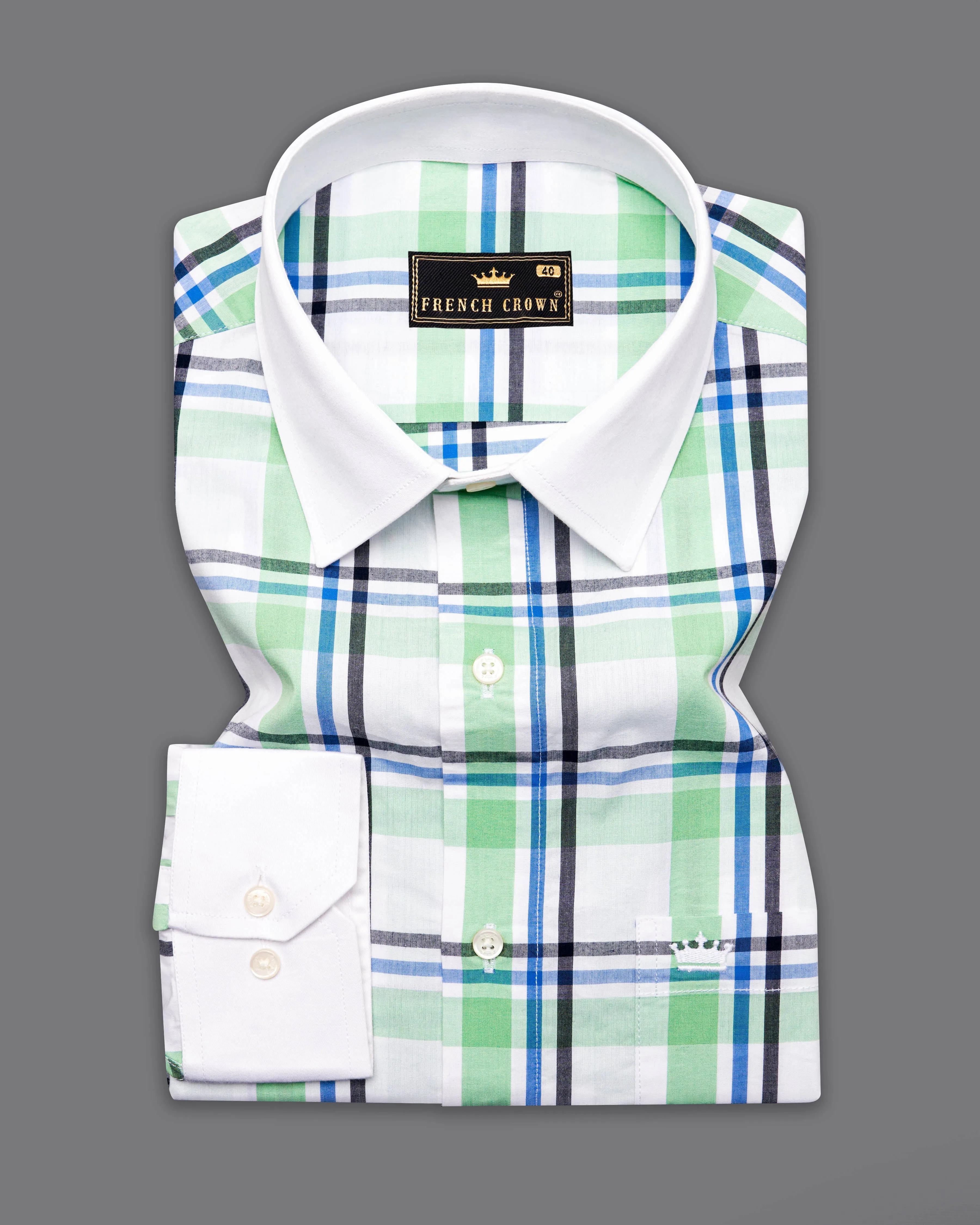 Asparagus Green with White Checkered Printed Super Soft Premium Cotton Designer Shirt