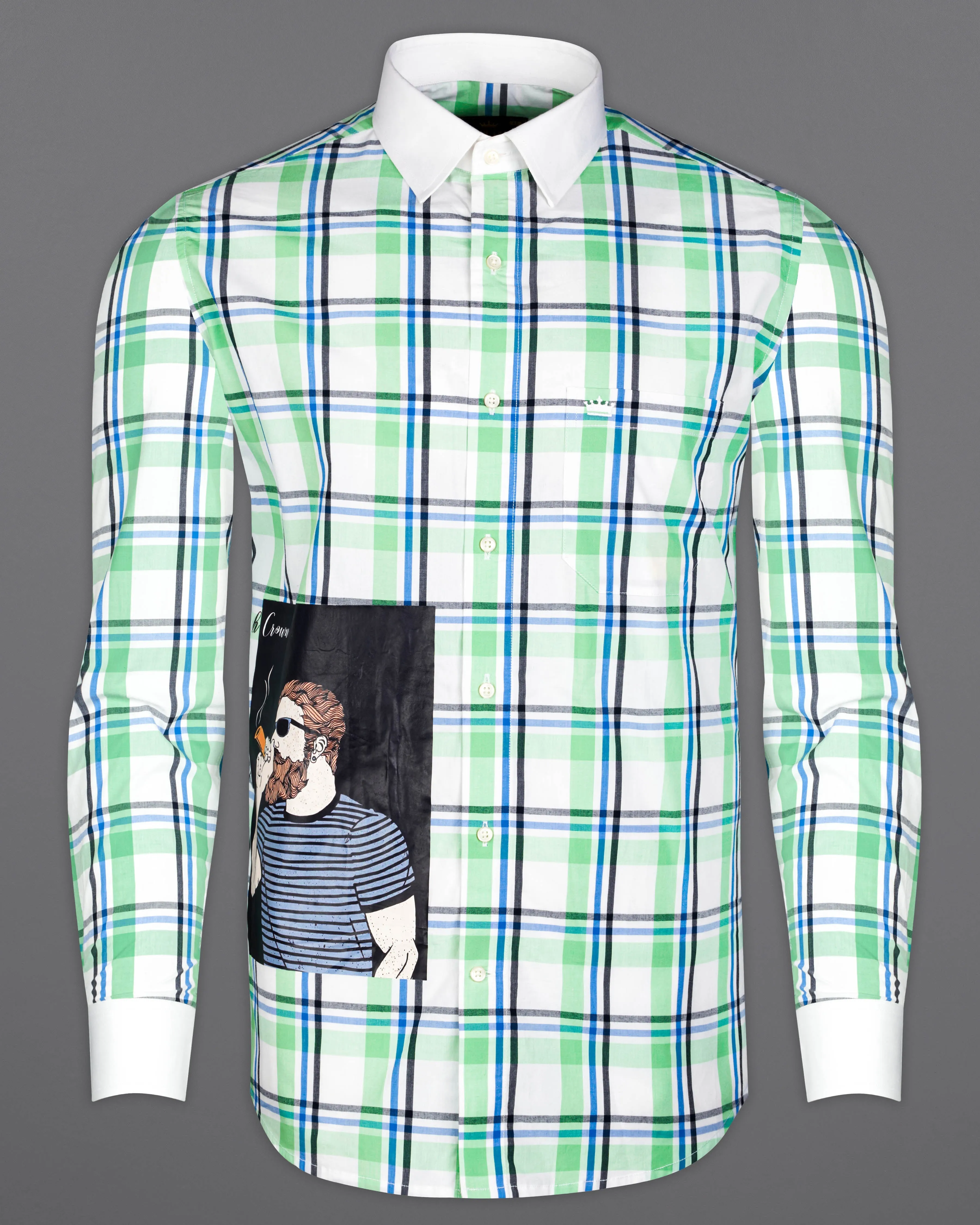 Asparagus Green with White Checkered Printed Super Soft Premium Cotton Designer Shirt