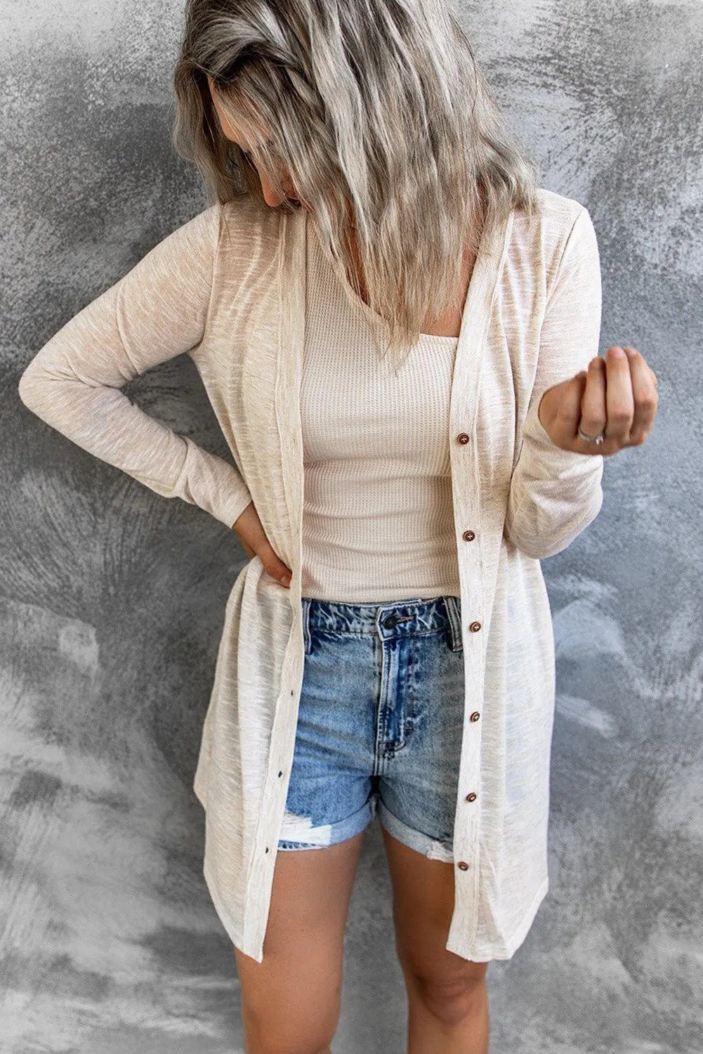 Beige Open-Front Buttons Casual Cardigan