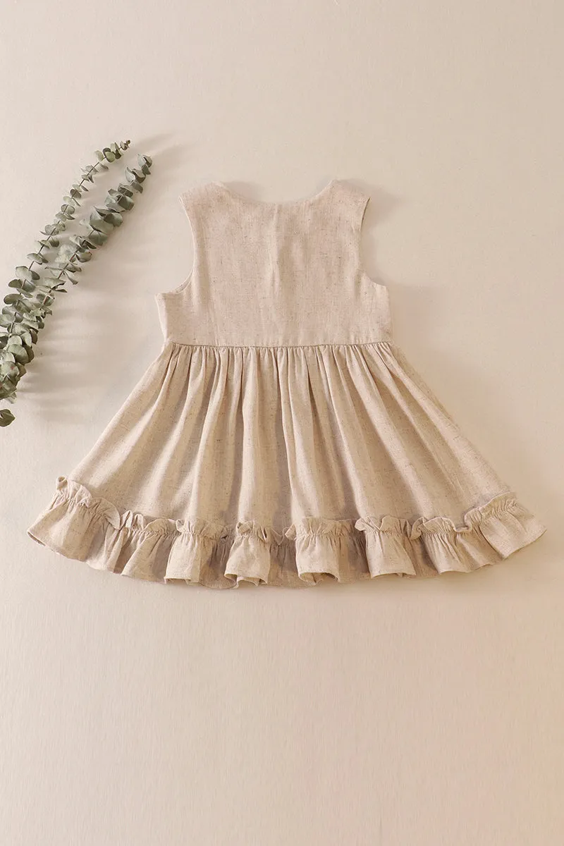 Beige ruffle button linen dress