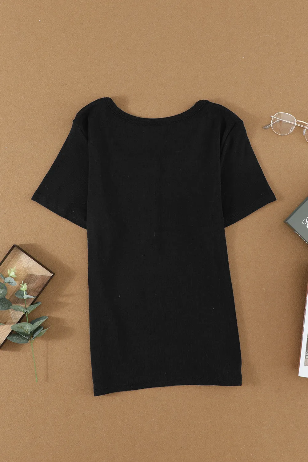 Black Buttoned Front Ribbed Tees Top