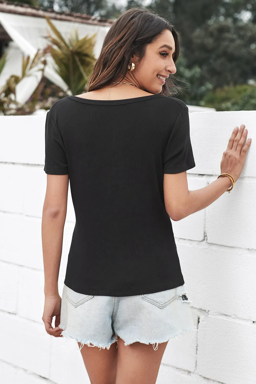 Black Buttoned Front Ribbed Tees Top