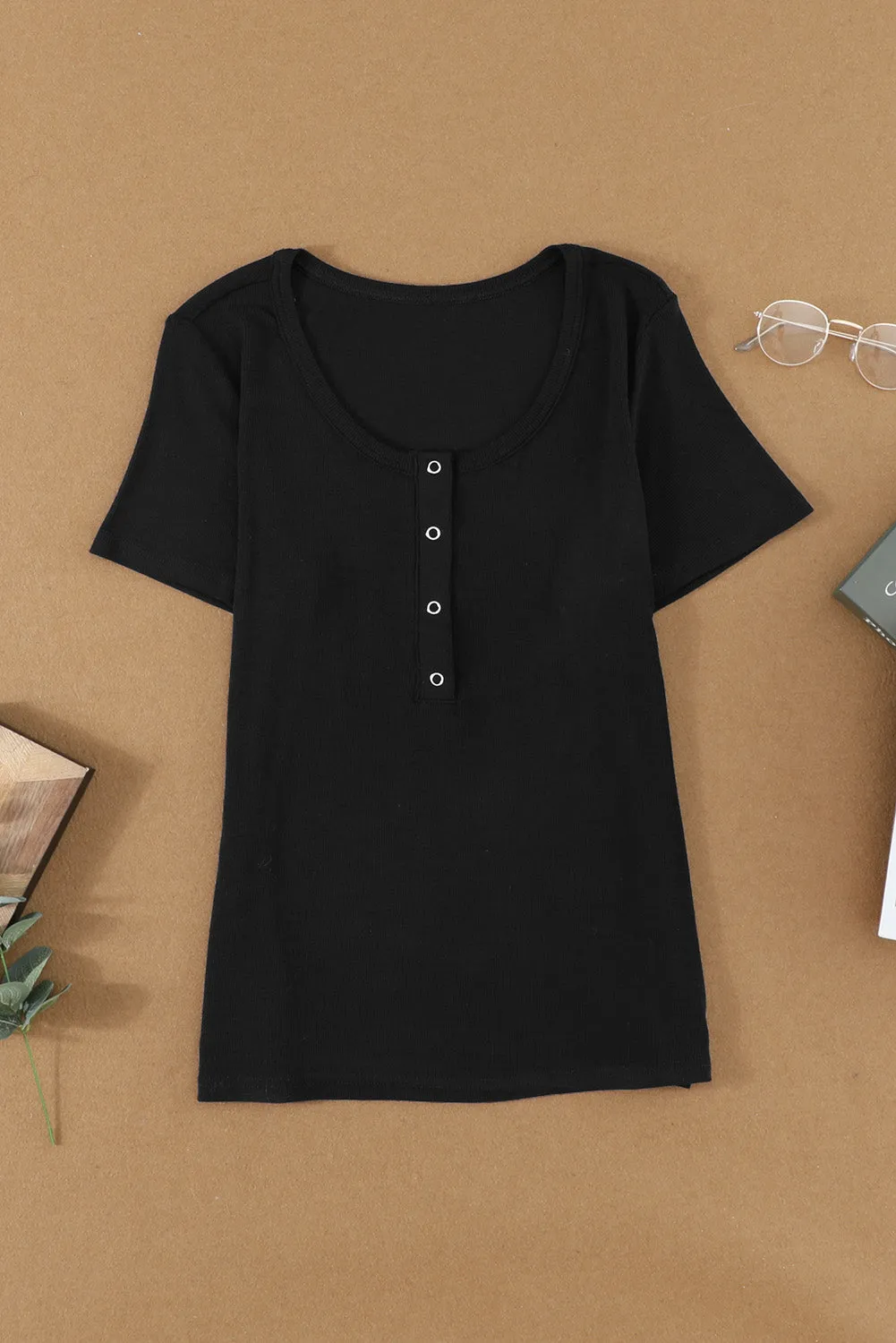 Black Buttoned Front Ribbed Tees Top