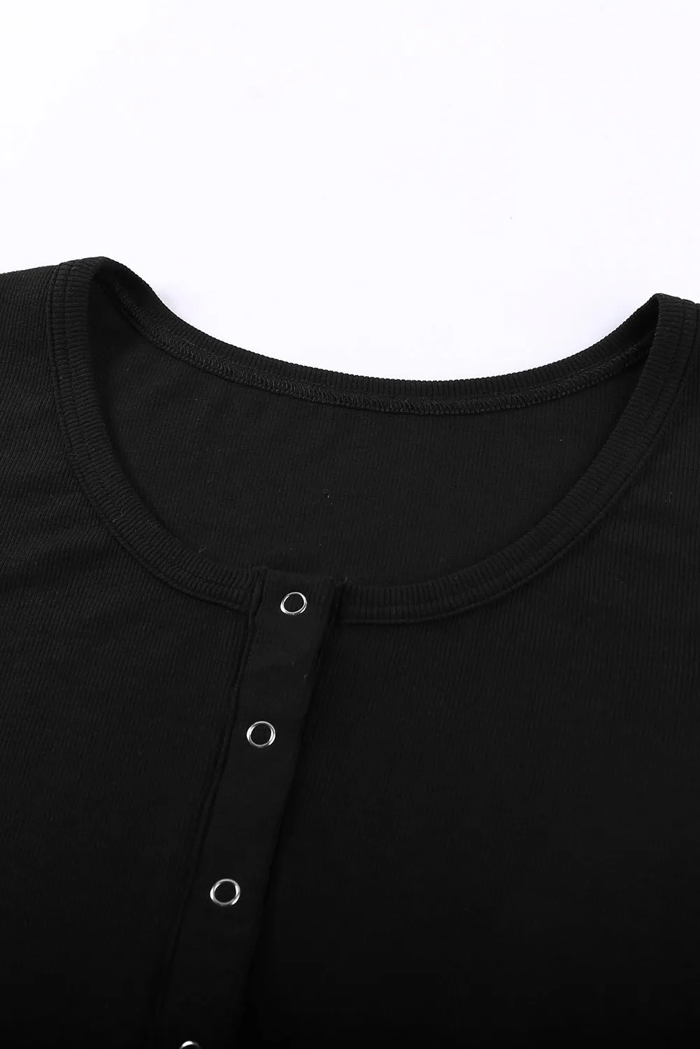 Black Buttoned Front Ribbed Tees Top