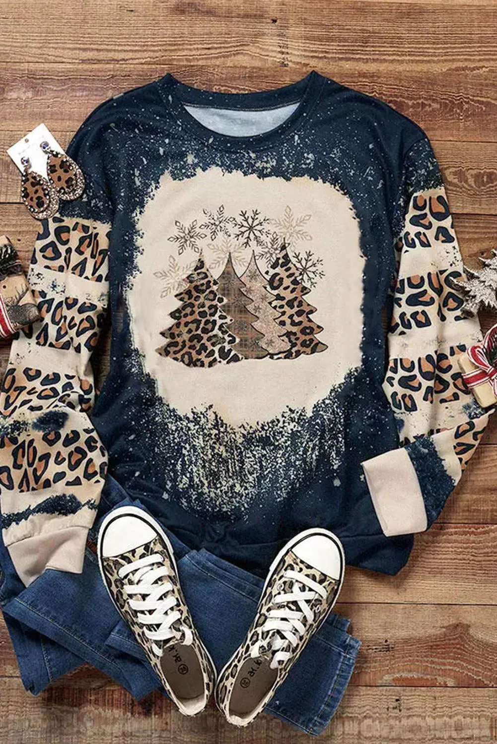 Black Christmas Tree Leopard Print Sweatshirt