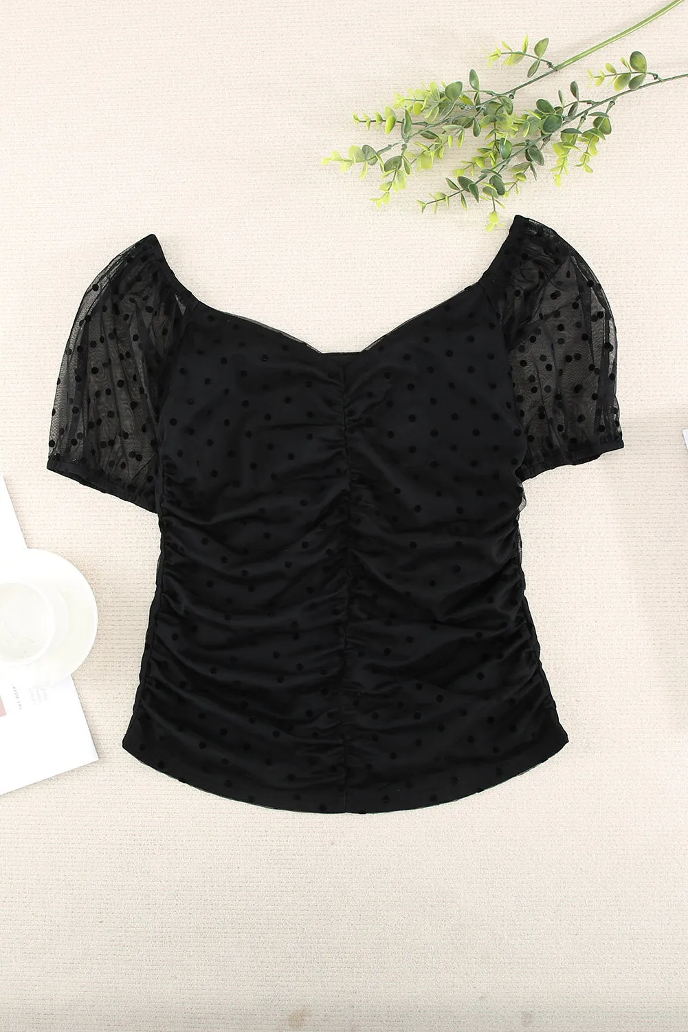 Black Dotted Print Ruched Puff Sleeve Tees Top