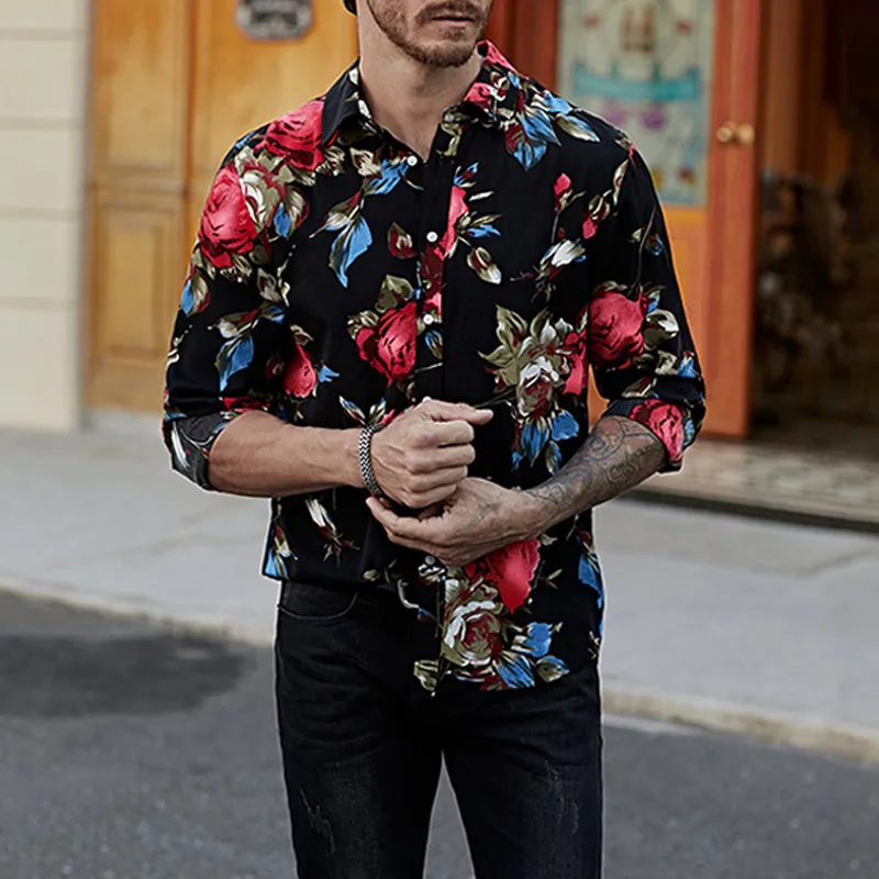 Black Men's Long Sleeve Floral Print Shirt Hawaiian Button-Down Dress Shirt | MC255372-22