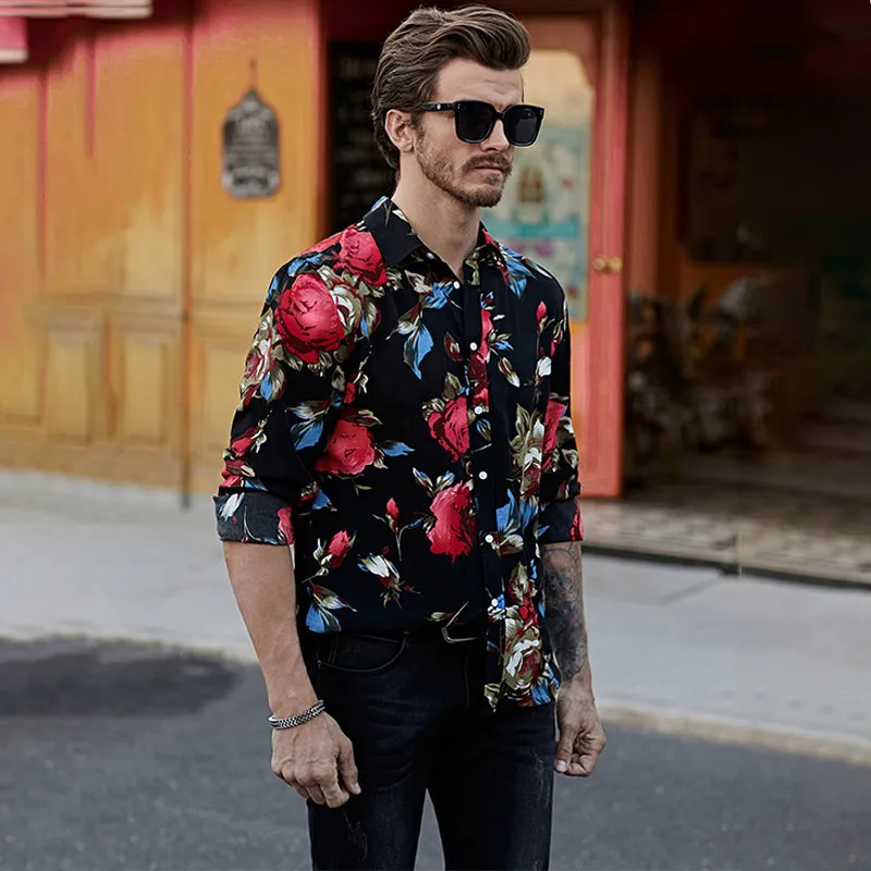 Black Men's Long Sleeve Floral Print Shirt Hawaiian Button-Down Dress Shirt | MC255372-22