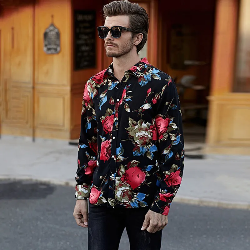 Black Men's Long Sleeve Floral Print Shirt Hawaiian Button-Down Dress Shirt | MC255372-22