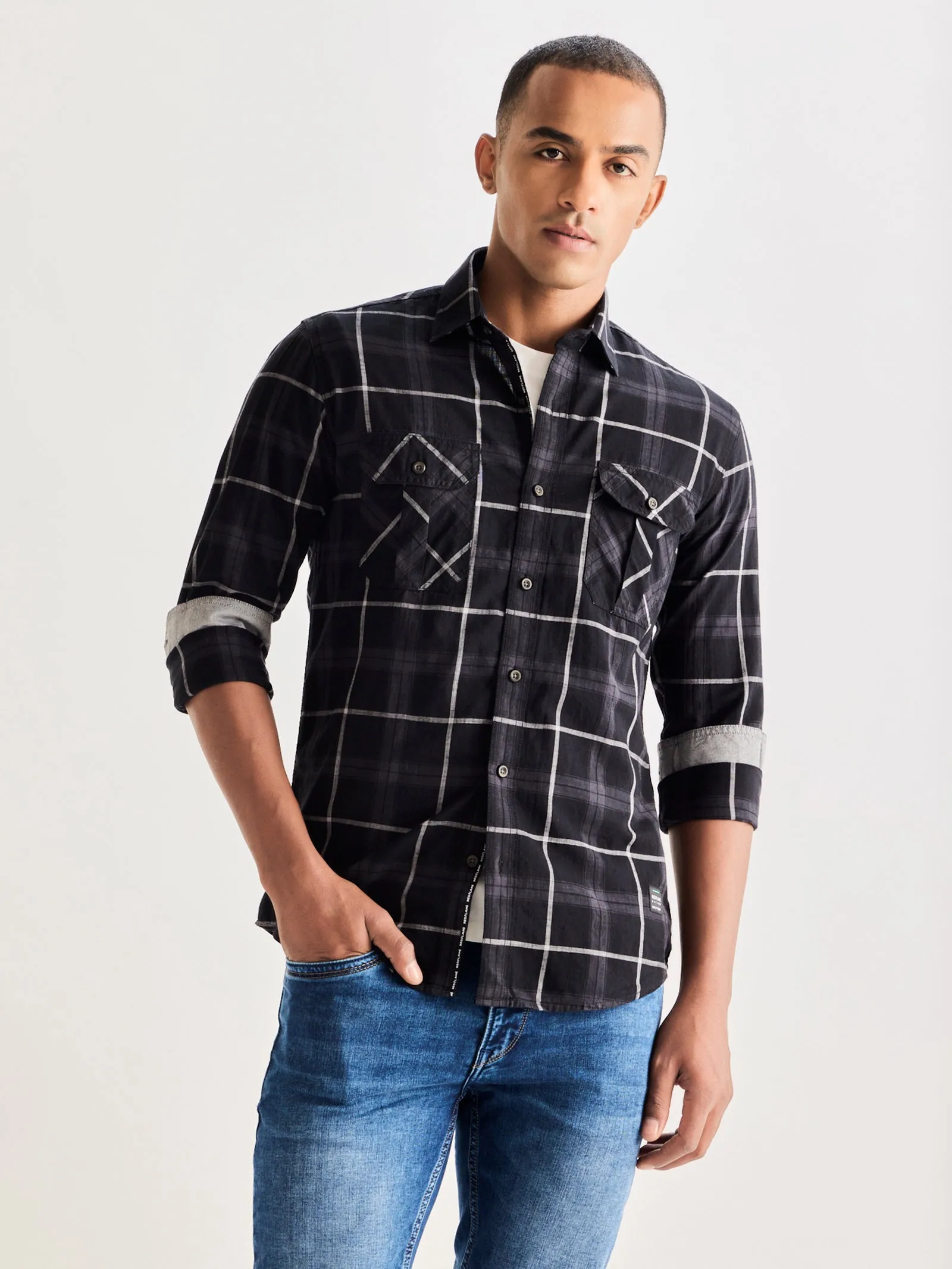 Black Pure Cotton Checked Shirt