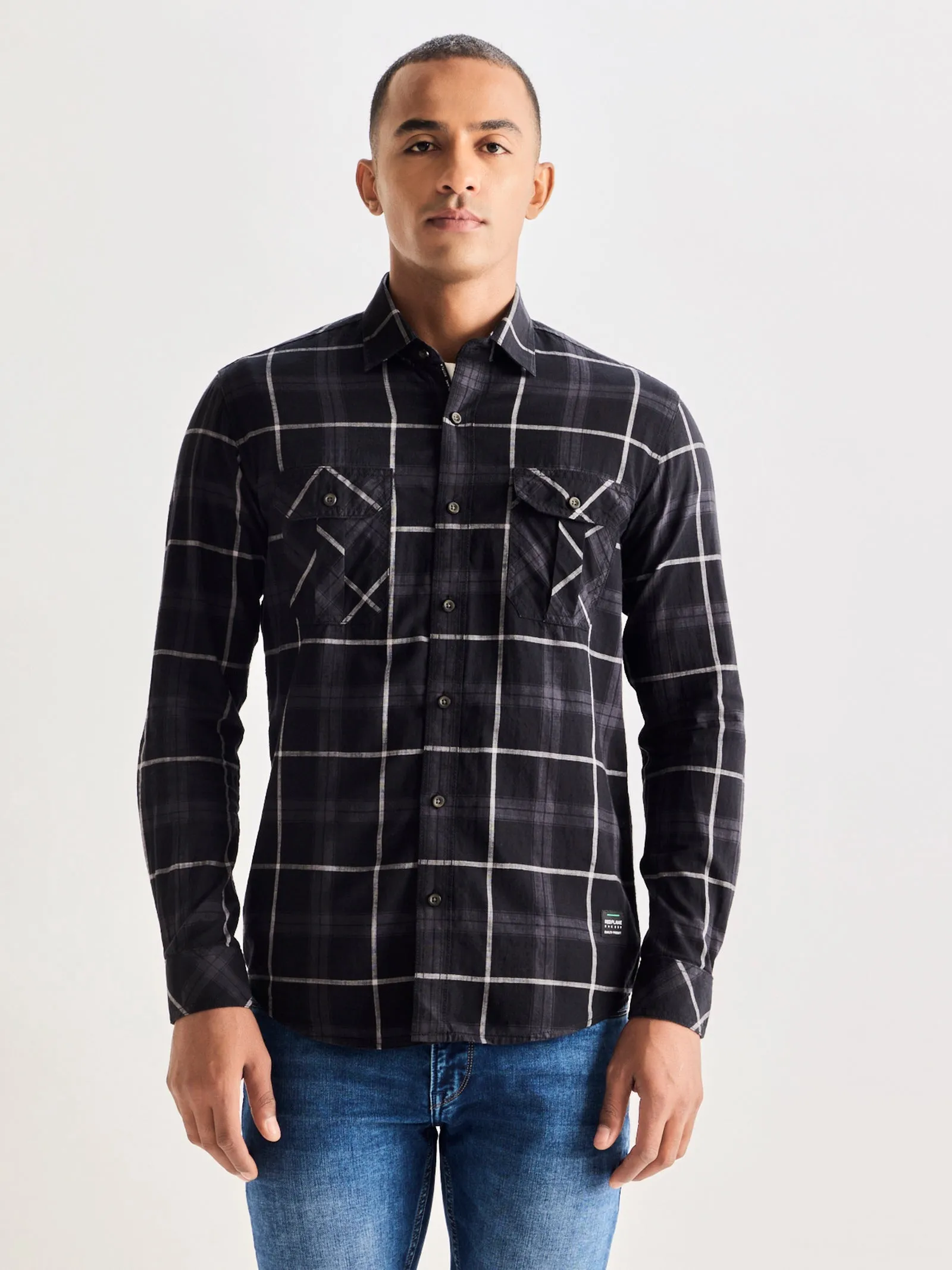 Black Pure Cotton Checked Shirt