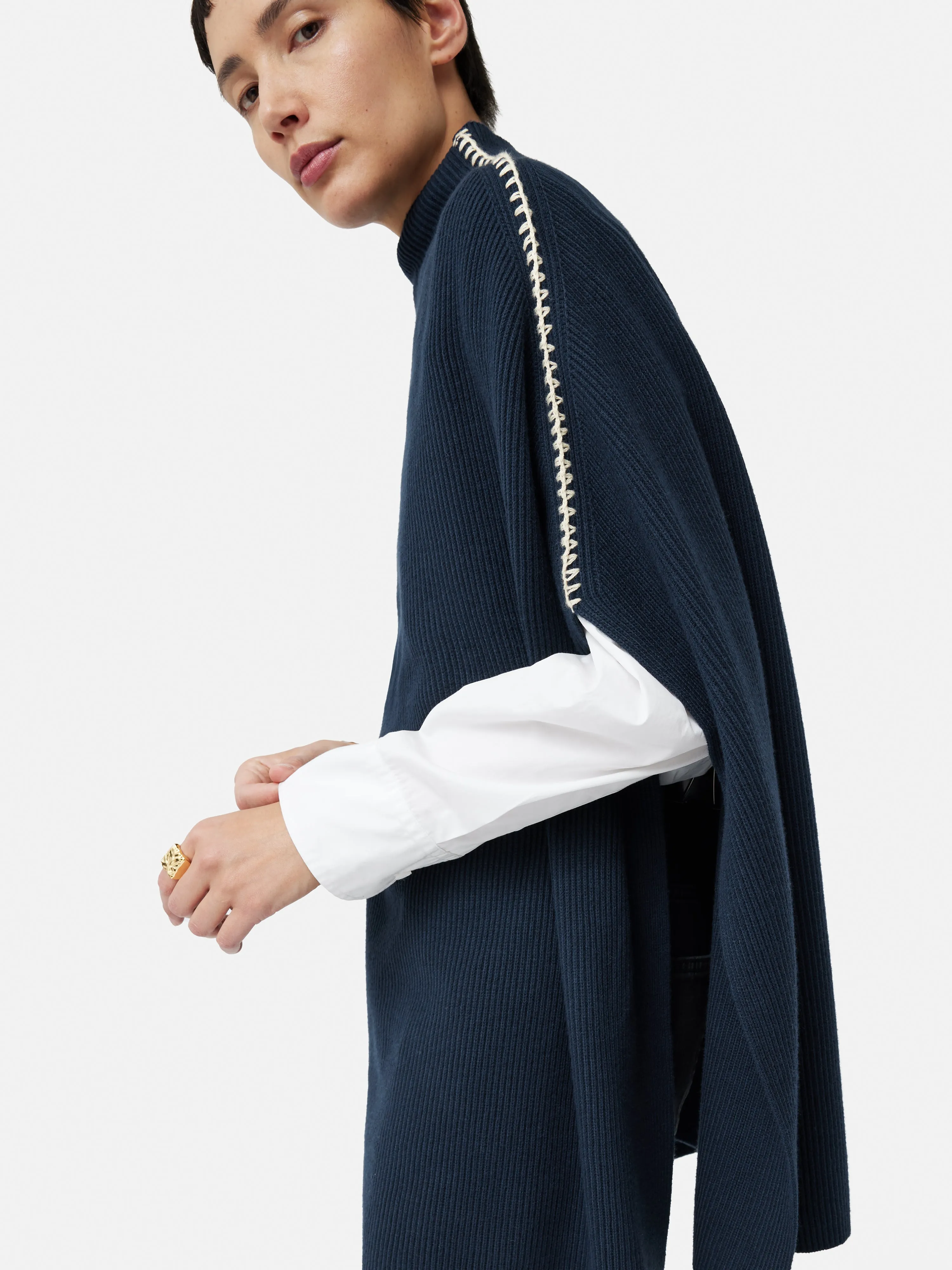 Blanket Stitch Poncho | Navy