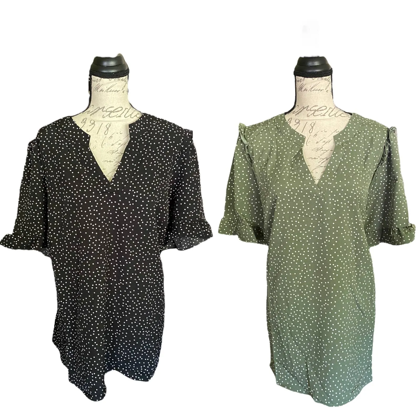 Bloomchic 2 Black & Green Polka Dot V Neck Shirts Size 18/20 NEW