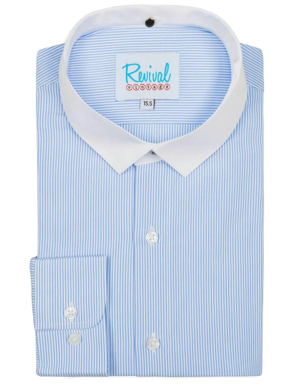 Blue Stripe Collarless Grandad Shirt with Detachable Bankers Collar