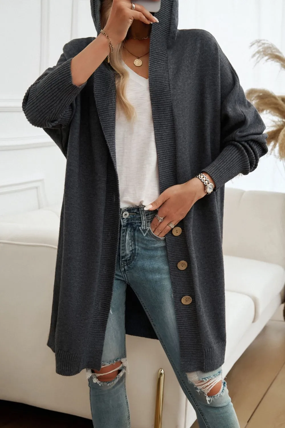 Explore More Collection - Button Up Long Sleeve Hooded Cardigan