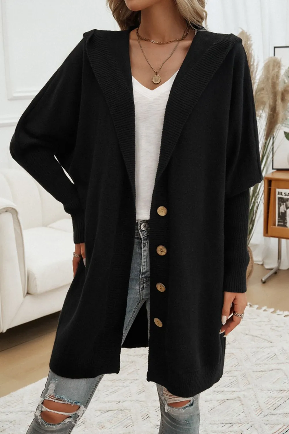 Explore More Collection - Button Up Long Sleeve Hooded Cardigan