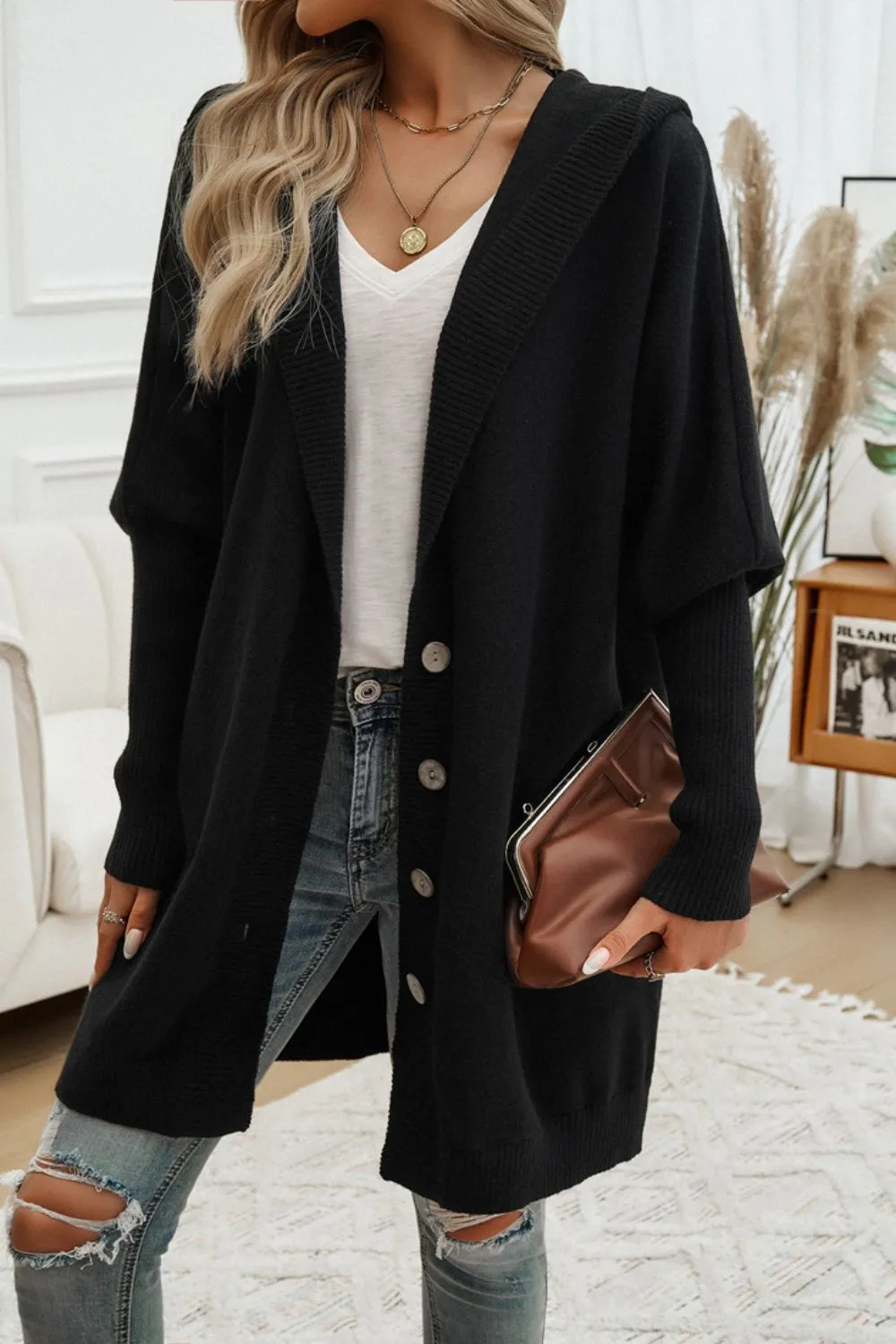 Explore More Collection - Button Up Long Sleeve Hooded Cardigan