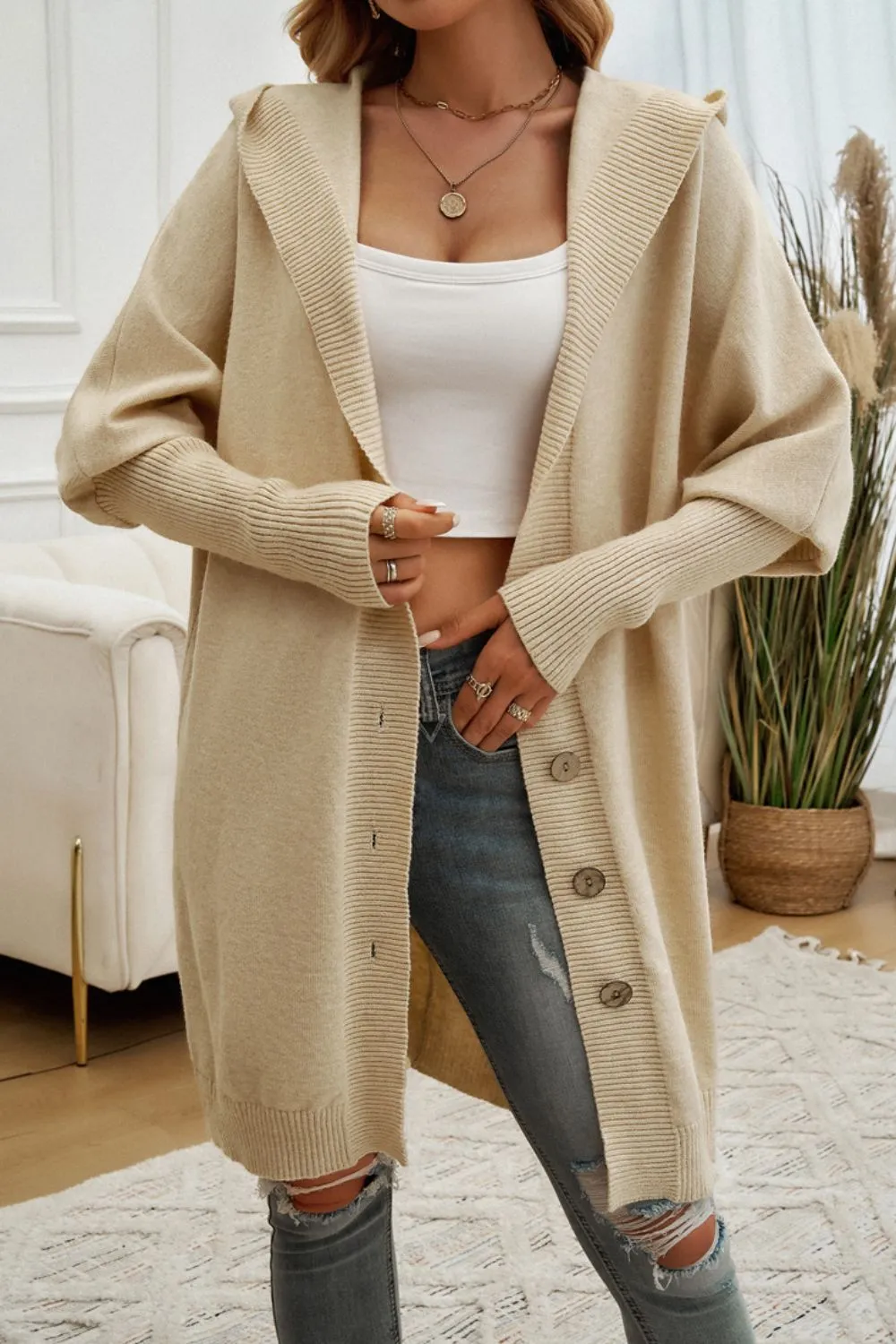 Explore More Collection - Button Up Long Sleeve Hooded Cardigan