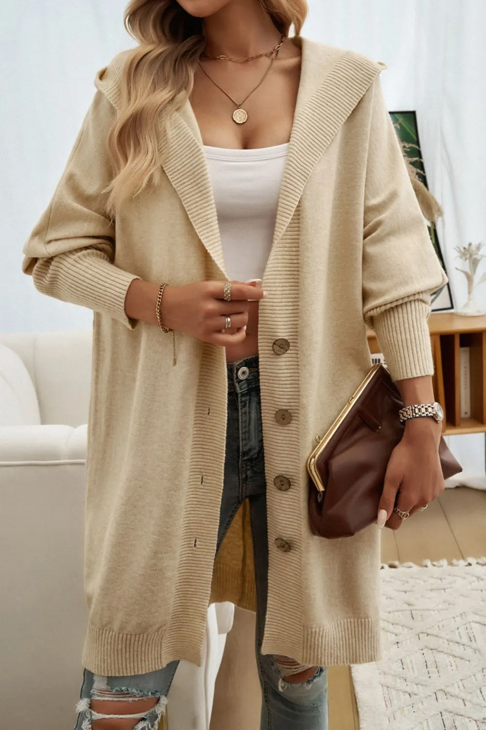 Explore More Collection - Button Up Long Sleeve Hooded Cardigan