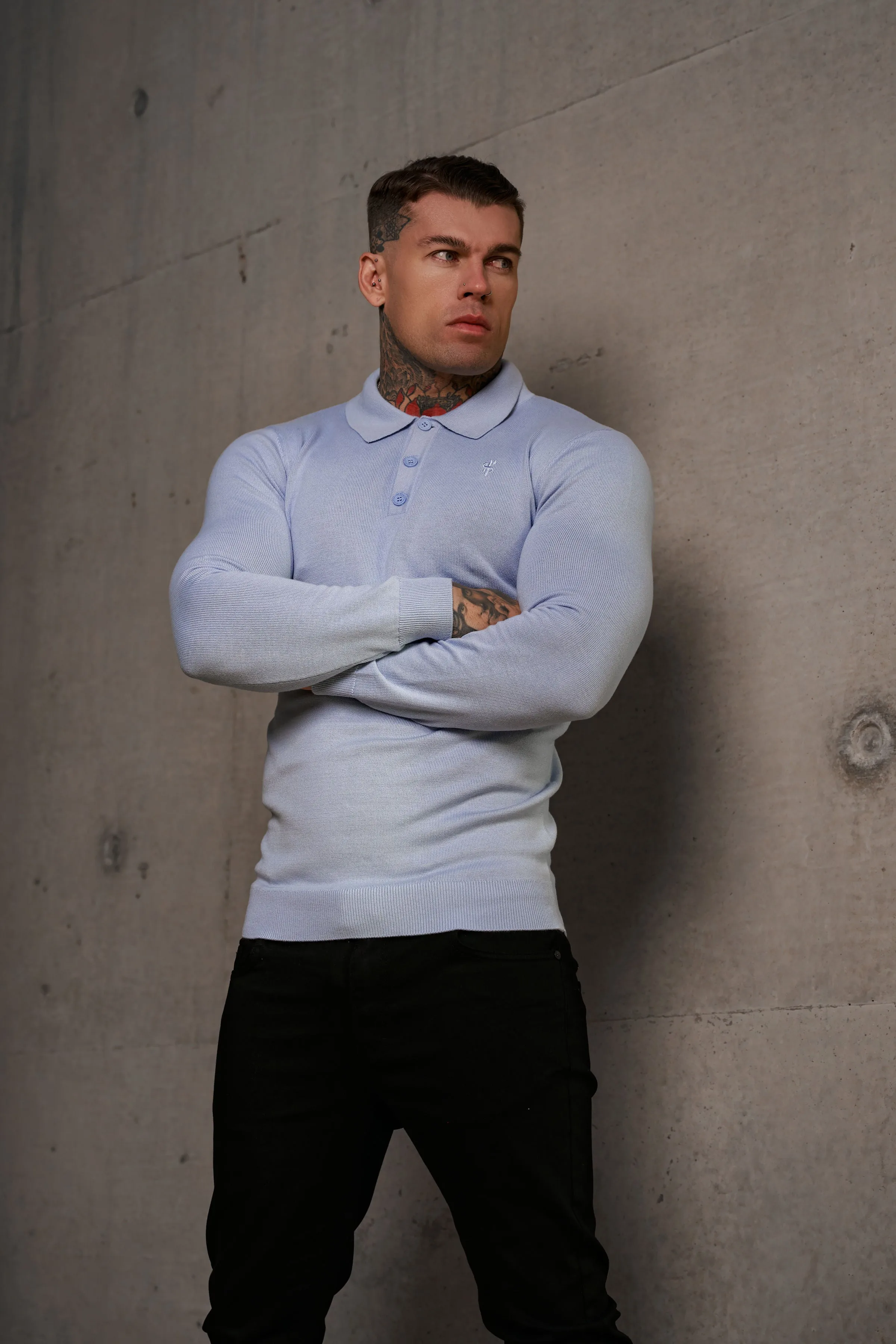 Father Sons Classic Pale Blue Knitted Polo Sweater Long Sleeve With Tonal FS Embroidery- FSN142