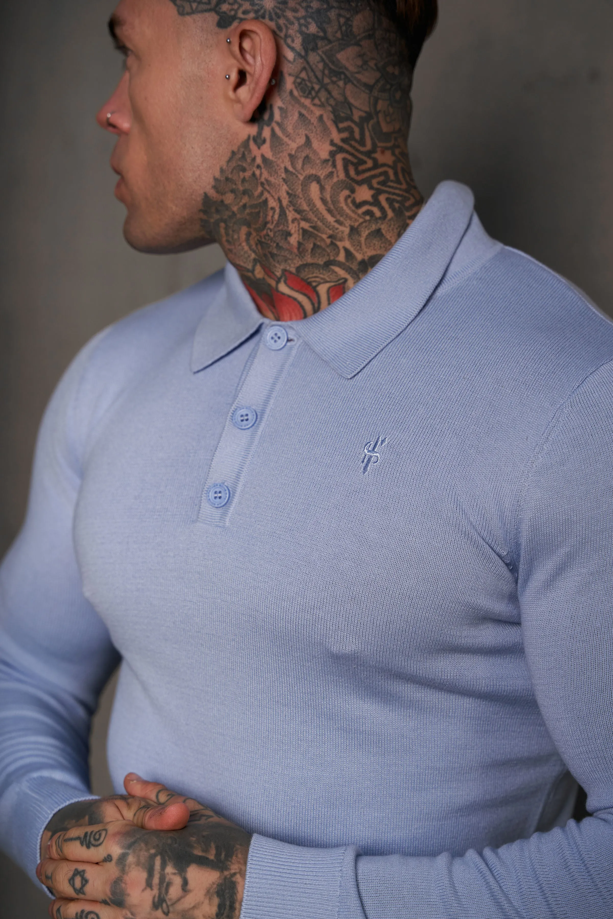 Father Sons Classic Pale Blue Knitted Polo Sweater Long Sleeve With Tonal FS Embroidery- FSN142