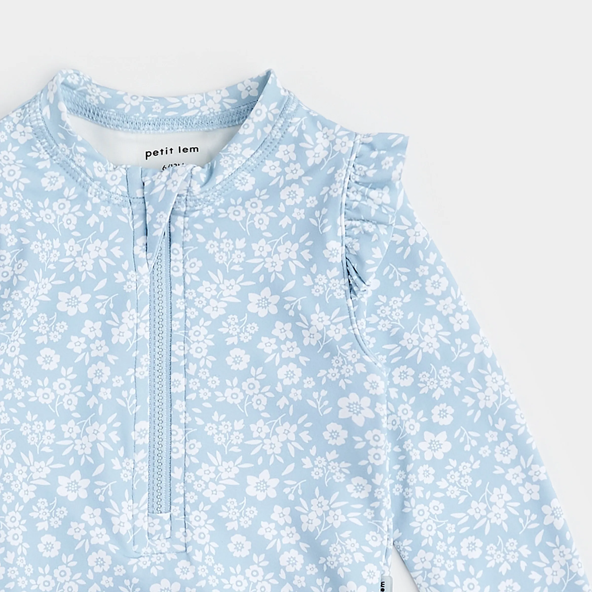 Floral Print On Sky Blue Long-Sleeve Swimsuit