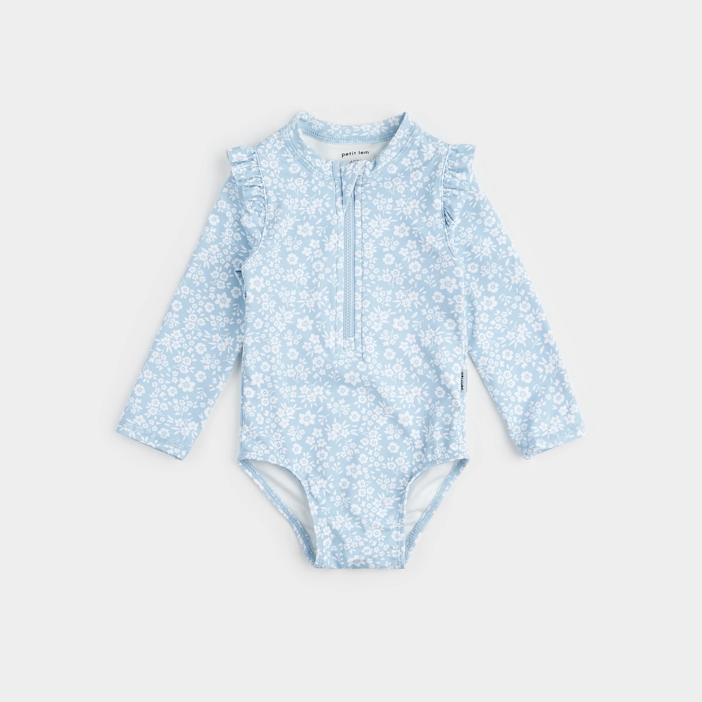 Floral Print On Sky Blue Long-Sleeve Swimsuit