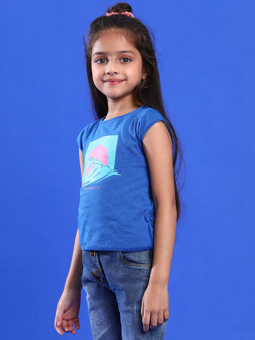 Girls Printed Royal Blue Cotton Regular Fit T-Shirts