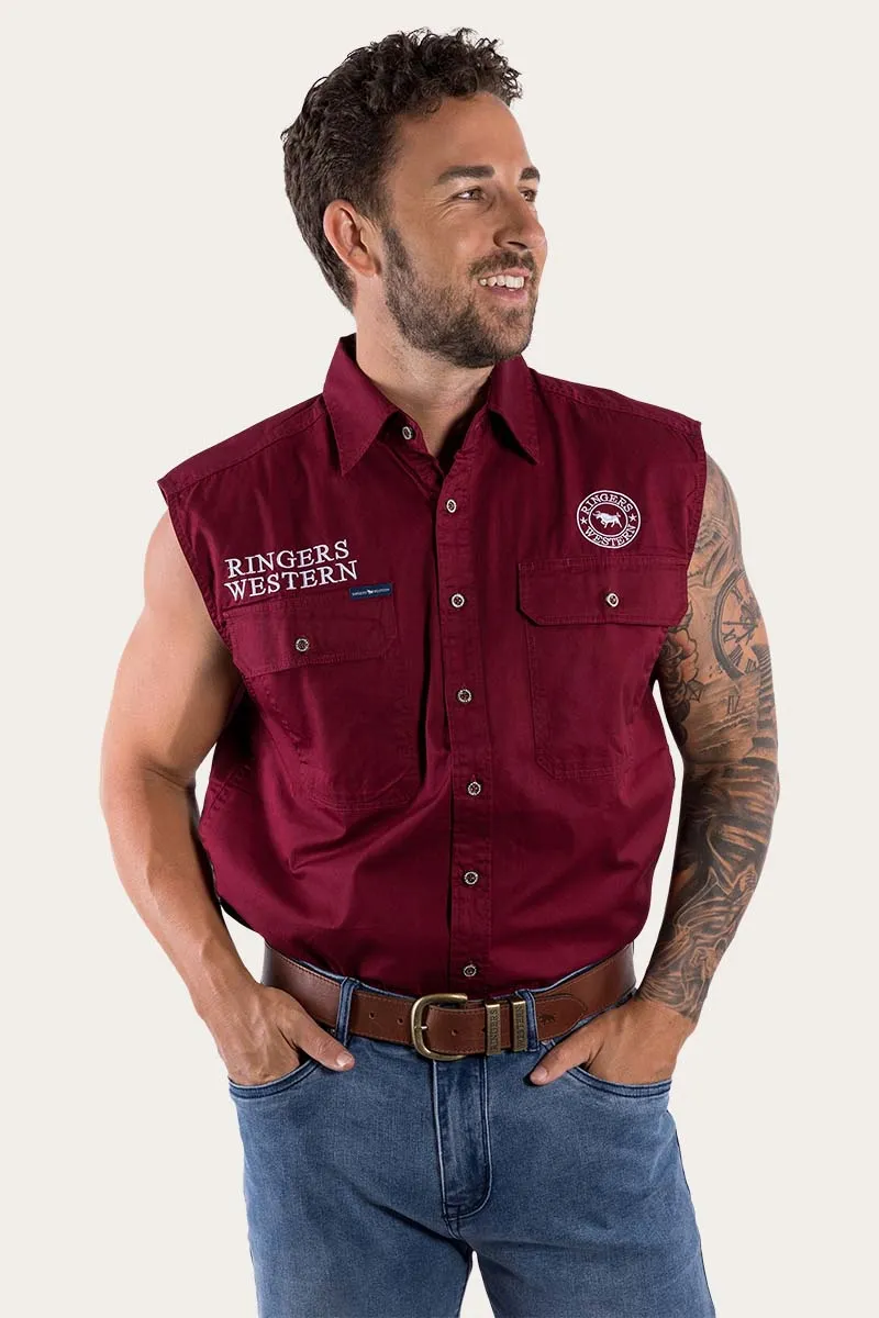 Burgundy/White Hawkeye Mens Sleeveless Durable Work Shirt