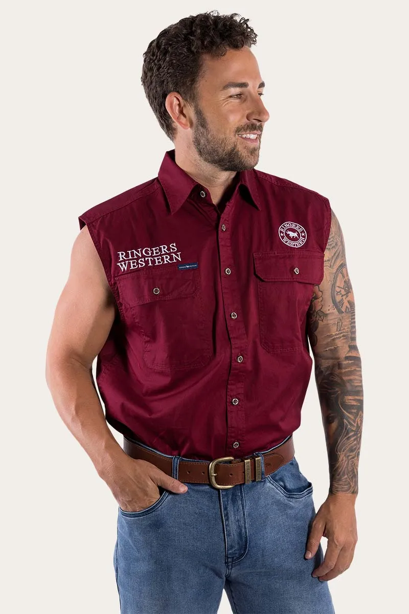 Burgundy/White Hawkeye Mens Sleeveless Durable Work Shirt