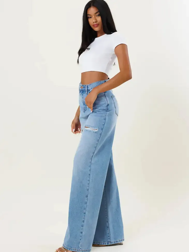 High Waist Distressed Wide Flood Denim Jeans