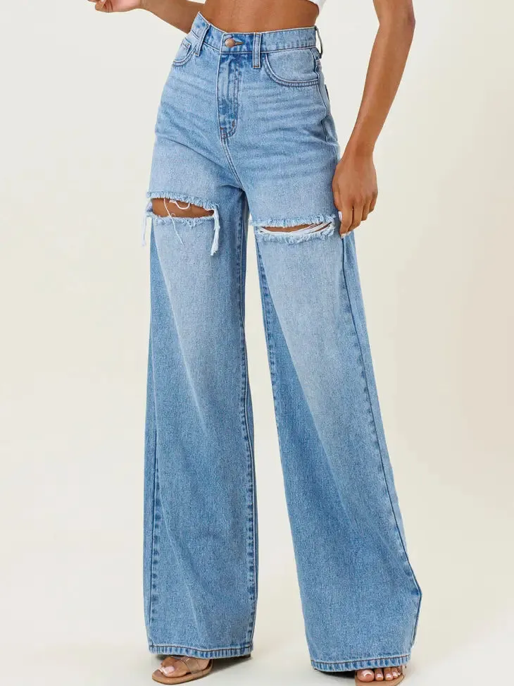 High Waist Distressed Wide Flood Denim Jeans