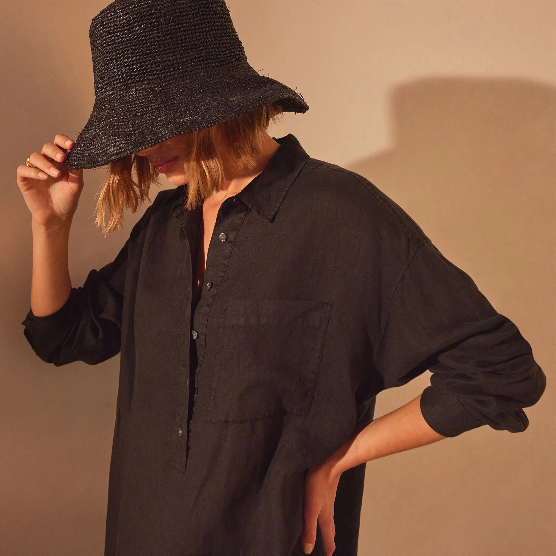 Linen Shirt Dress - Black