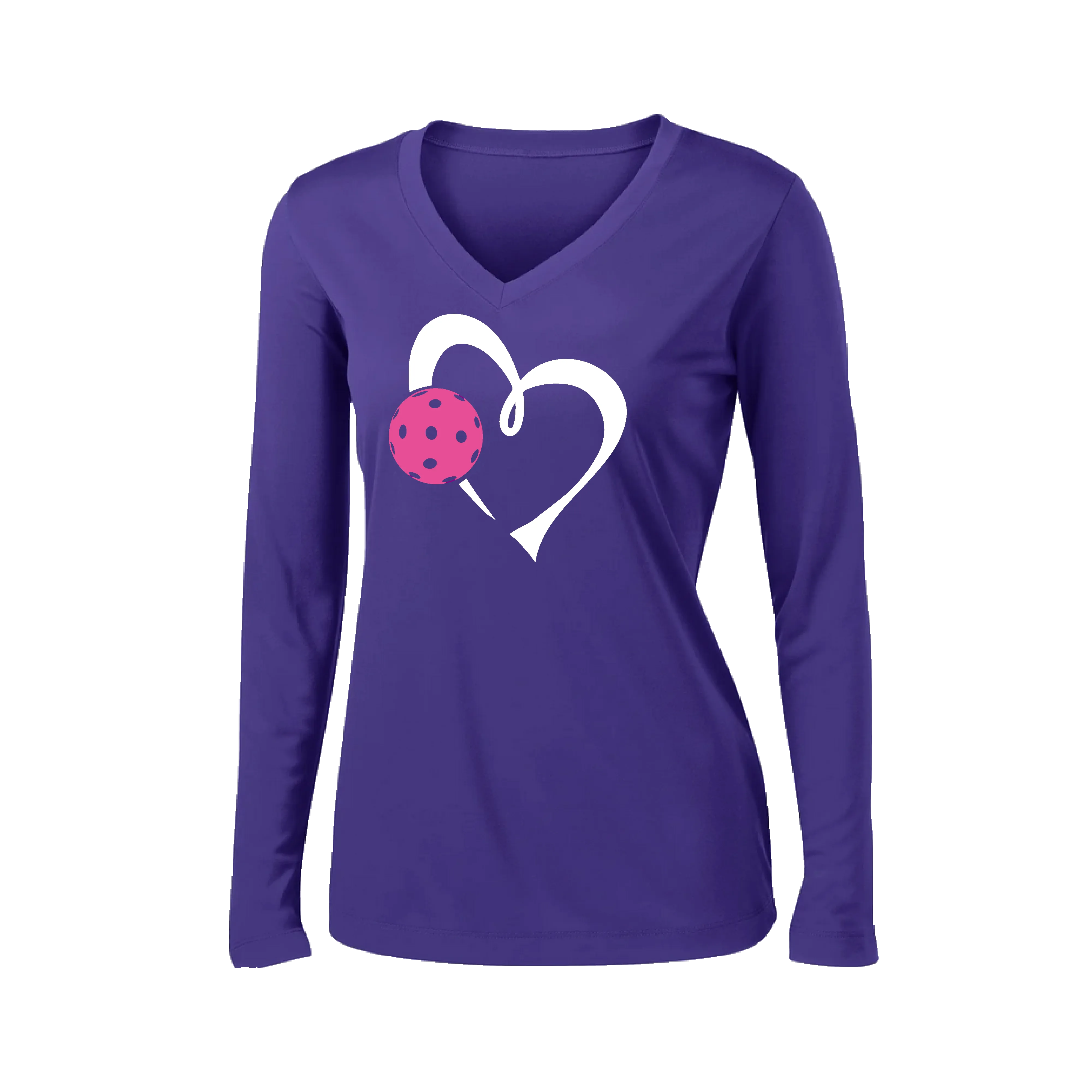 Love Pickleball Heart (Pink) | Women's Long Sleeve V-Neck Pickleball Shirts | 100% Polyester