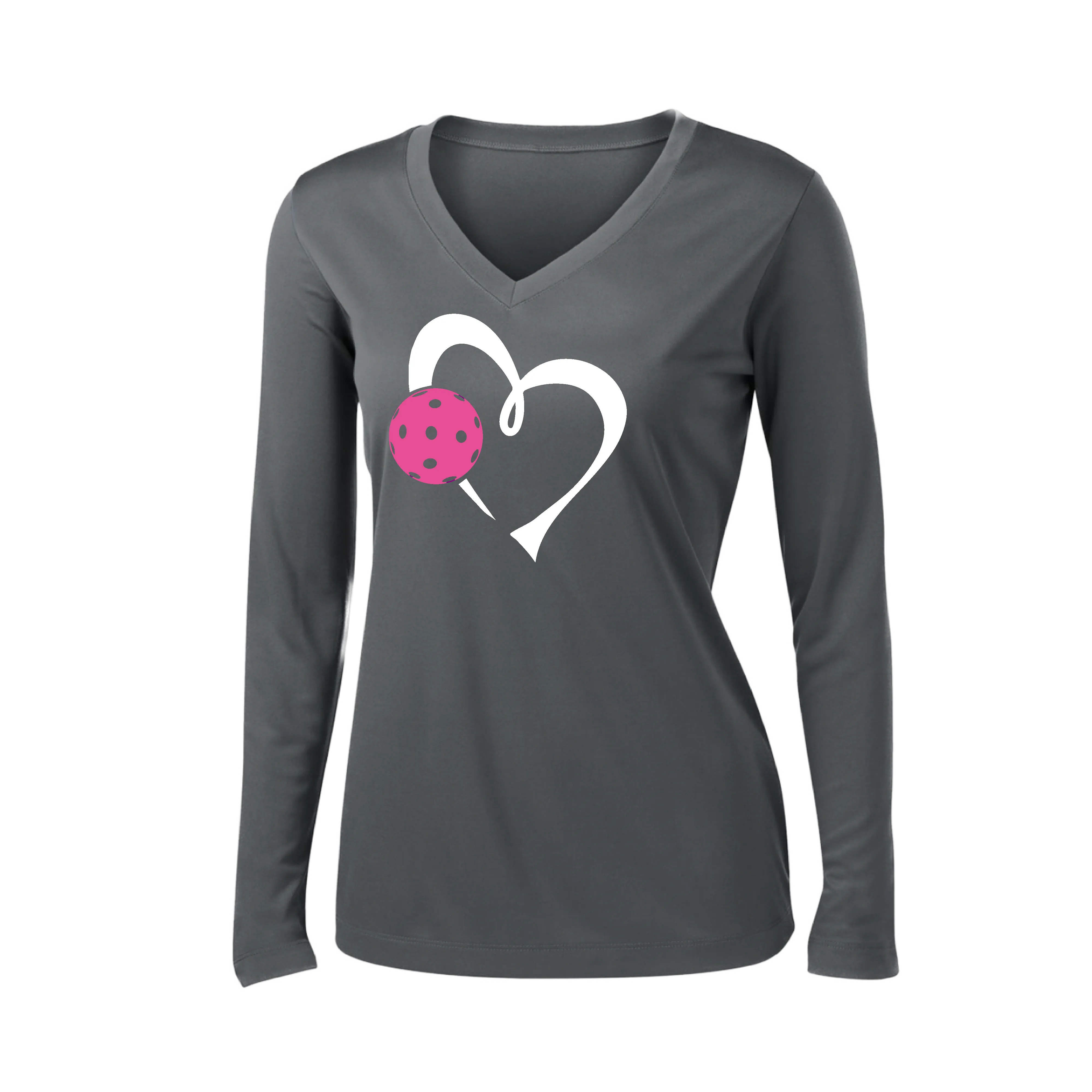 Love Pickleball Heart (Pink) | Women's Long Sleeve V-Neck Pickleball Shirts | 100% Polyester