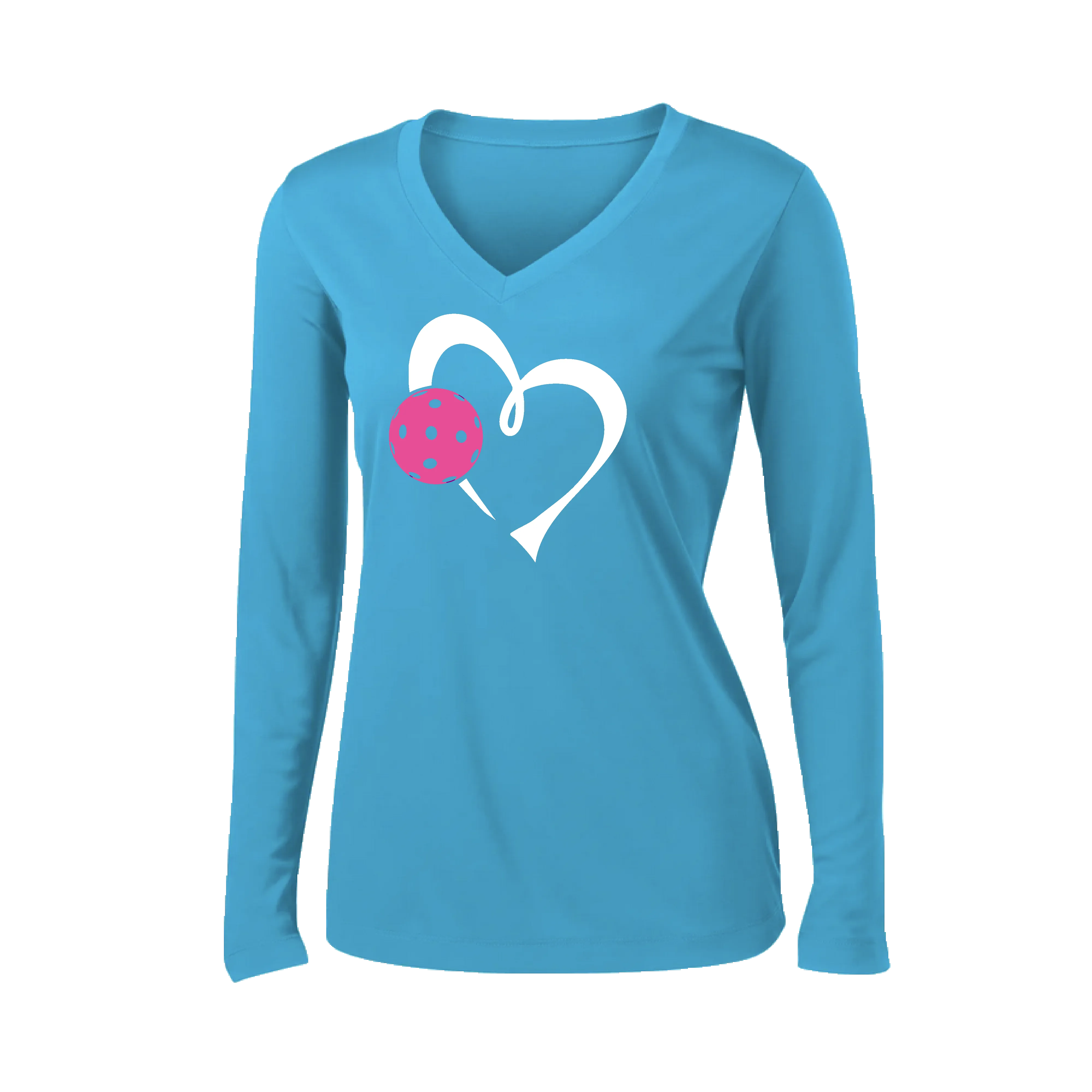 Love Pickleball Heart (Pink) | Women's Long Sleeve V-Neck Pickleball Shirts | 100% Polyester