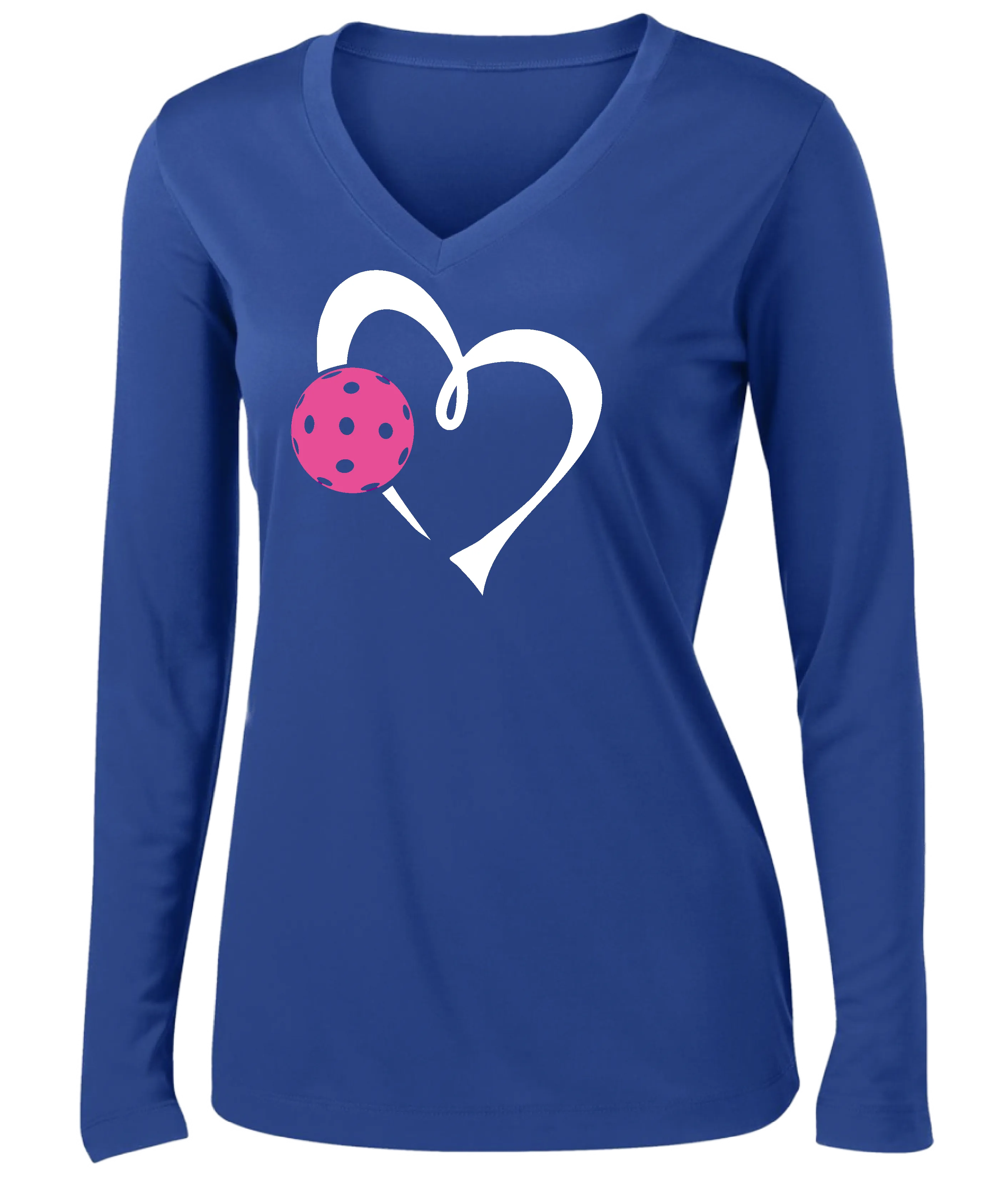 Love Pickleball Heart (Pink) | Women's Long Sleeve V-Neck Pickleball Shirts | 100% Polyester