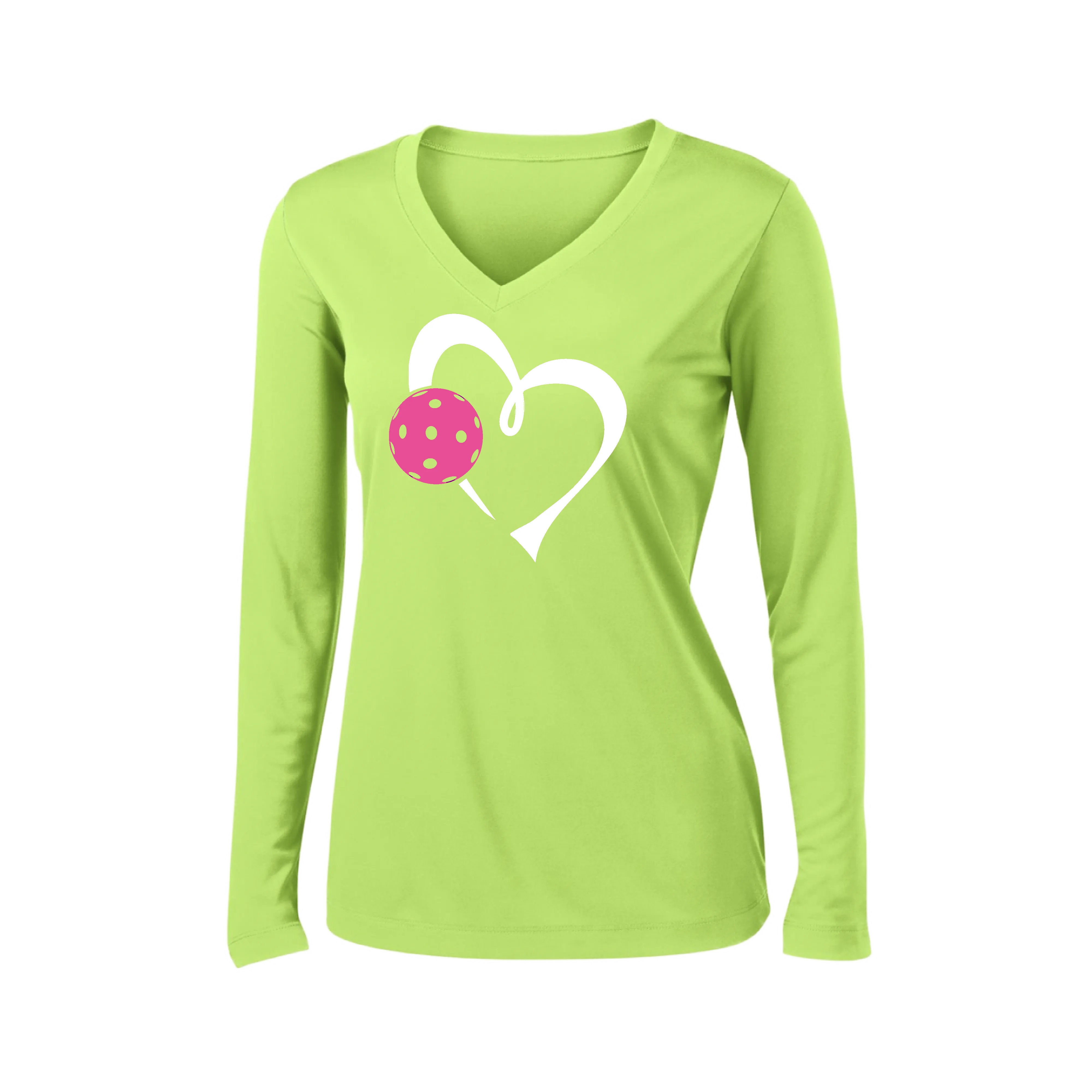 Love Pickleball Heart (Pink) | Women's Long Sleeve V-Neck Pickleball Shirts | 100% Polyester