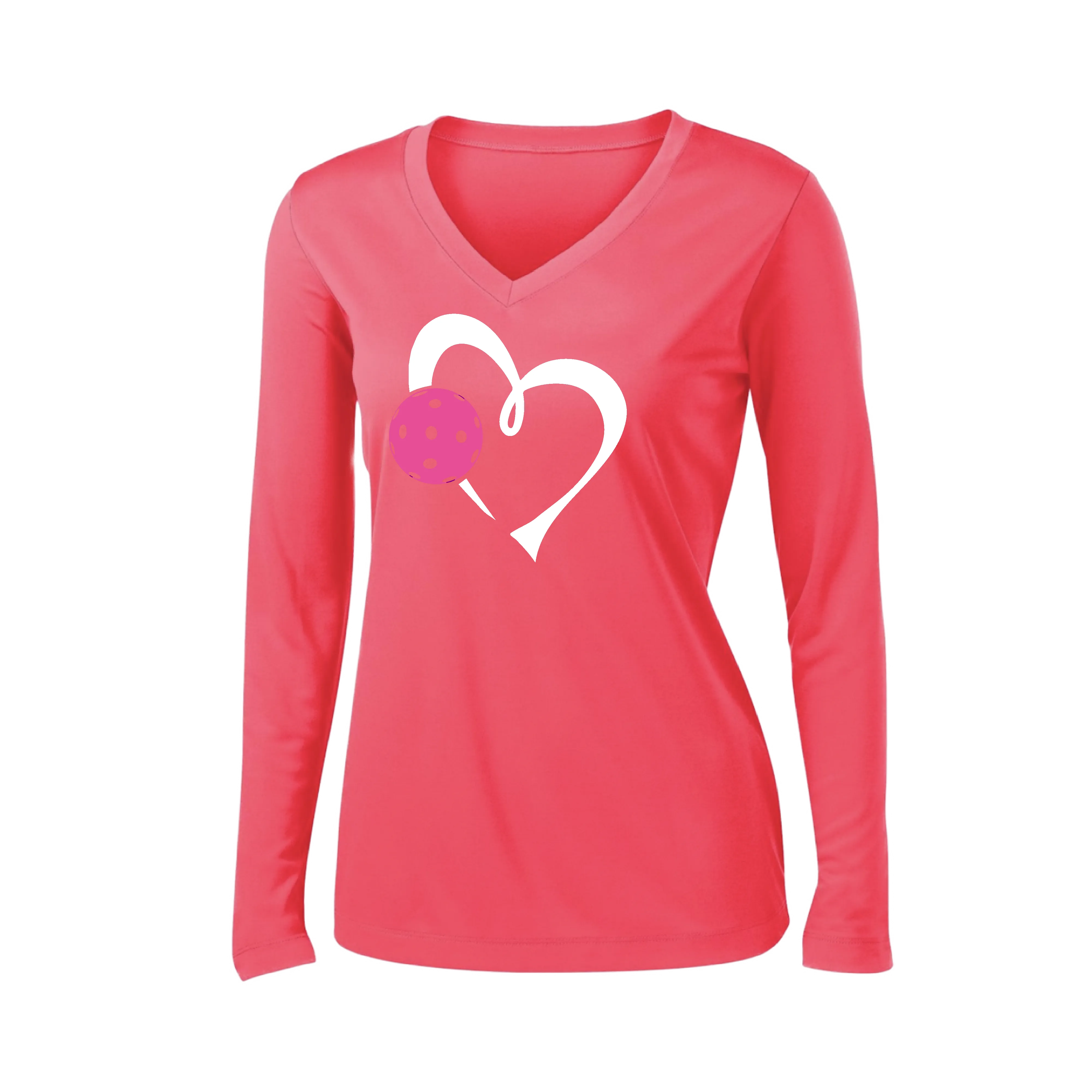 Love Pickleball Heart (Pink) | Women's Long Sleeve V-Neck Pickleball Shirts | 100% Polyester