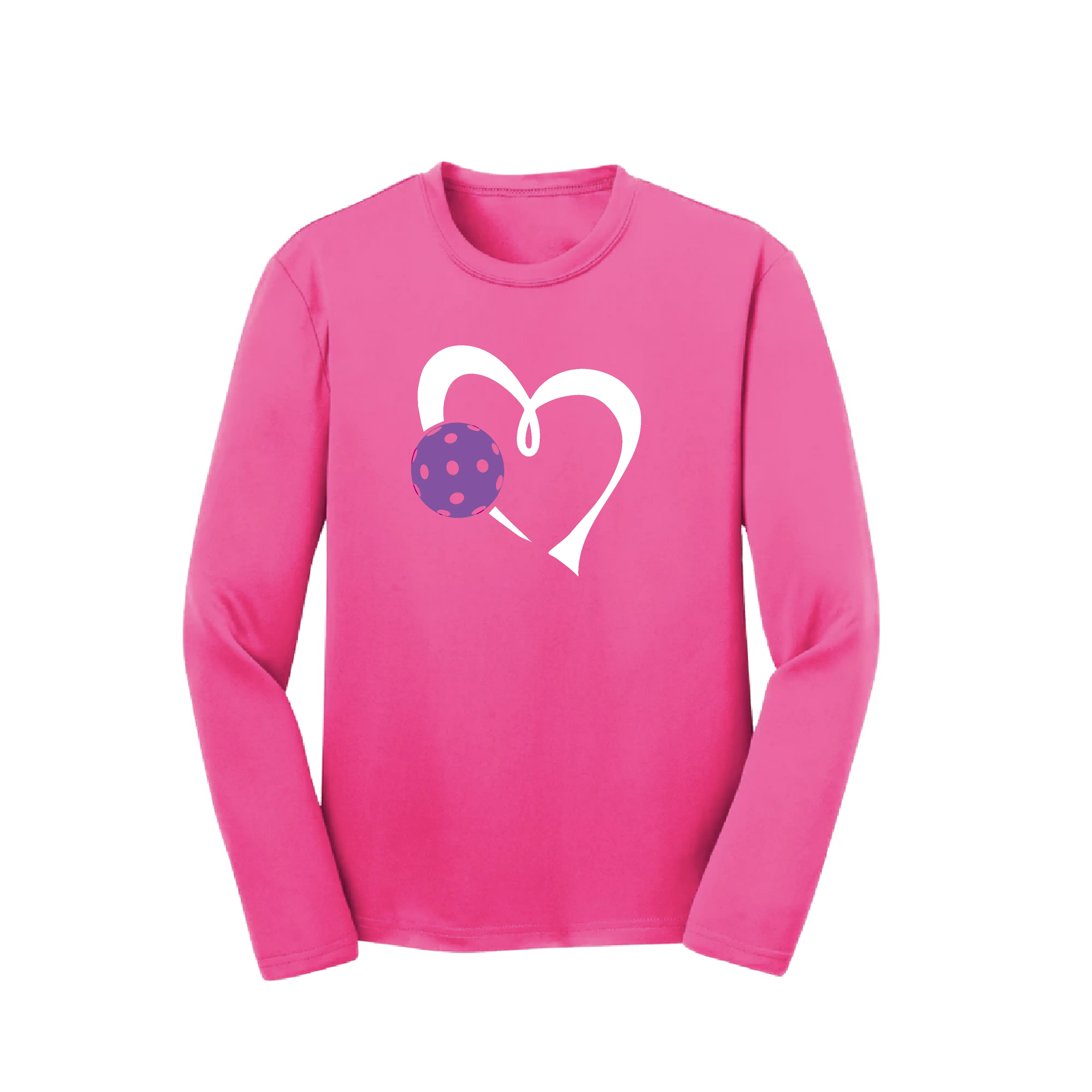 Love Pickleball Heart (Purple) | Youth Long Sleeve Athletic Pickleball Shirt | 100% Polyester