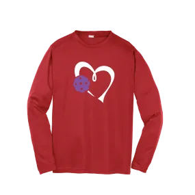 Love Pickleball Heart (Purple) | Youth Long Sleeve Athletic Pickleball Shirt | 100% Polyester