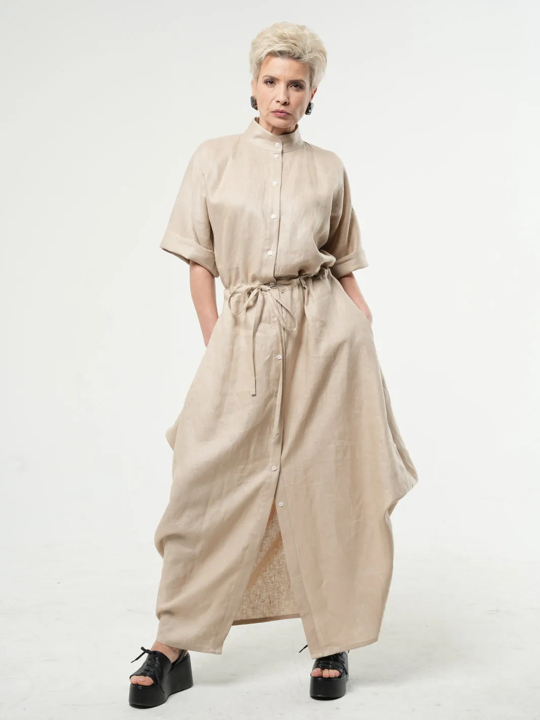 Maxi Linen Shirt Dress in Black