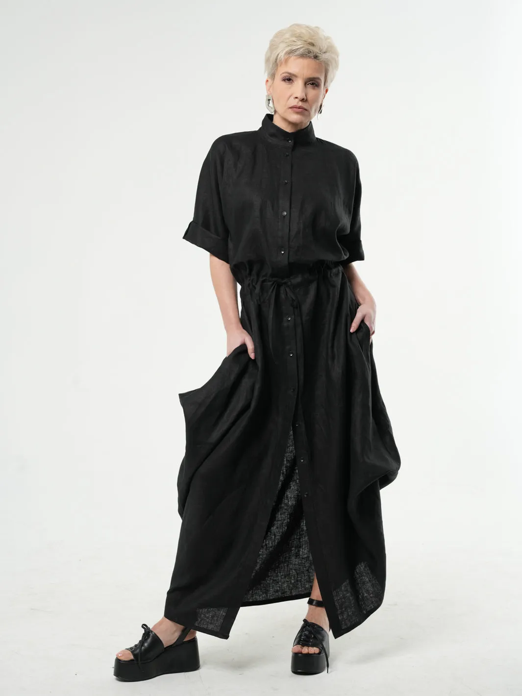 Maxi Linen Shirt Dress in Black