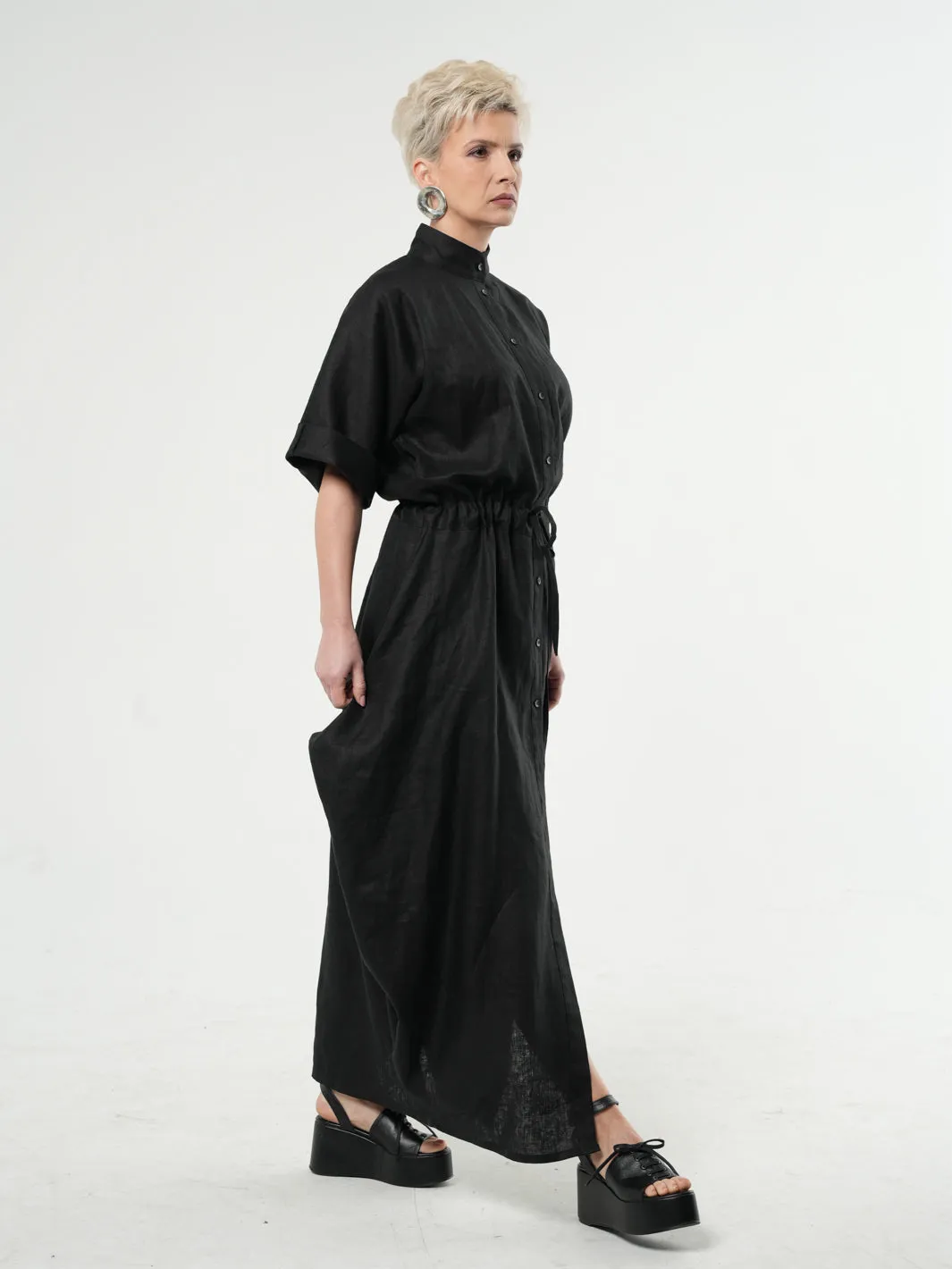 Maxi Linen Shirt Dress in Black