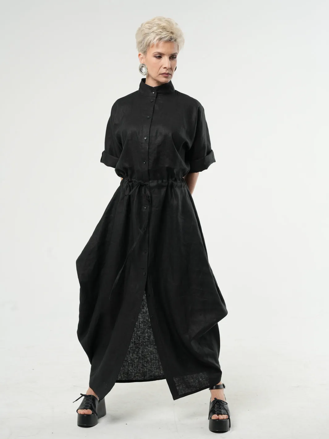 Maxi Linen Shirt Dress in Black