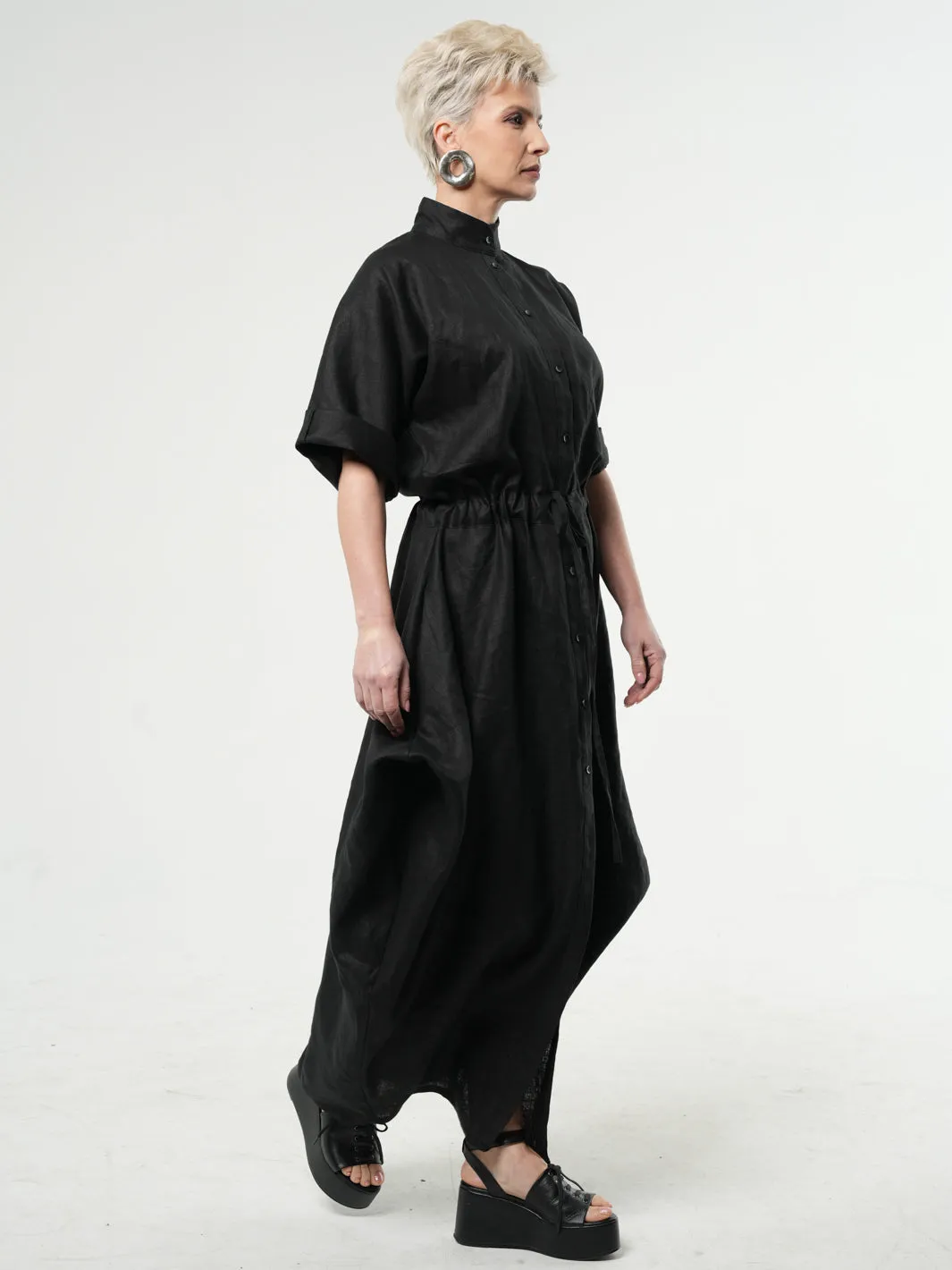 Maxi Linen Shirt Dress in Black