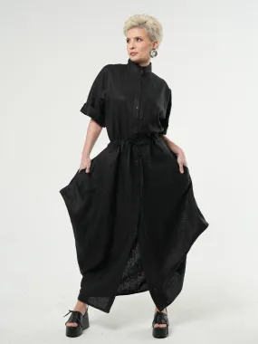 Maxi Linen Shirt Dress in Black